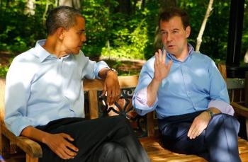 President Obama, with Prime Minister Dmitri A. Medvedev of Russia at Camp David, proposed a political transition in Syria. Pool photo by Mikhail Klimentyev